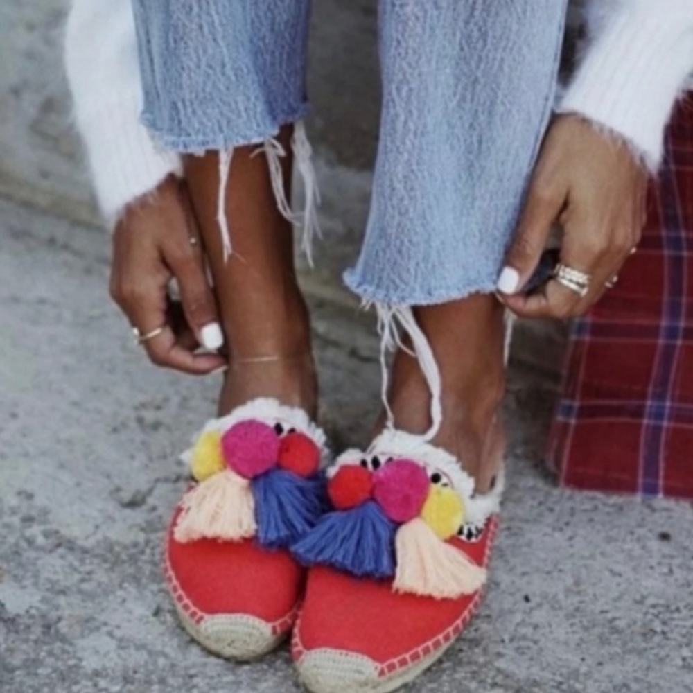 Soludos® Frayed-Edge Pom-Pom Mules